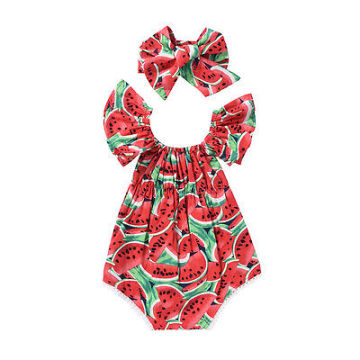 2Pcs/Set Newborn Baby Girls Watermelon Clothes Butterfly sleeves Romper Jumpsuit +Headband Outfits Playsuit