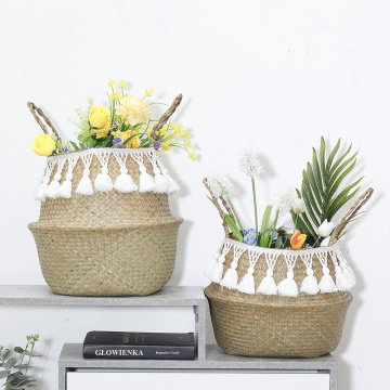 Tassel Seagrass Wicker Basket Laundry Baskets Container Hand Woven Garden Flower Vase Pot Hanging Basket Home Decor Planter