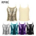 Kids Girls Crop Top Rave Outfits Sparkly Shiny Sequins Dance Camisole Tops Tank Top for Dancing Stage Performance Girls Clothes