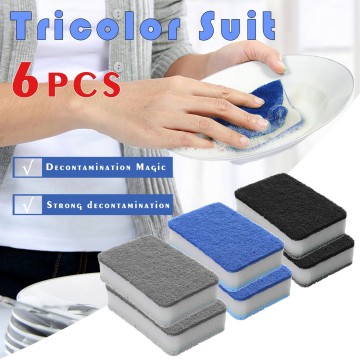 6PCS Magic Cleaning Sponge Decontamination Scouring Pad Oil Stain Remover Double Sided Dishwashing Sponge Brush Kitchen Cleaner