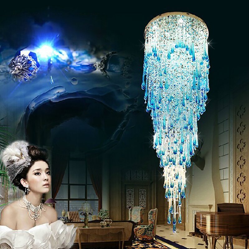 Modern Crystal Ceiling Chandelier For Villa Living Room Lobby Blue Design Staircase Lighting Luxury Stainless Led Cristal Lamp