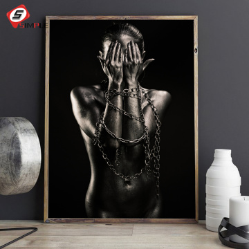 Metal Lady Poster and Print Black White Girl Portrait Canvas Painting Silver Abstract Wall Pictures for Living Room Decoration