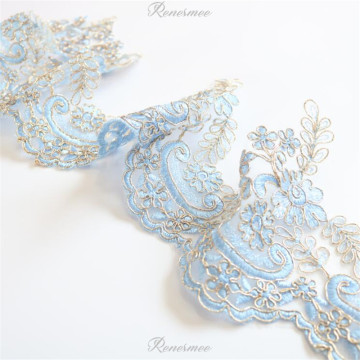 1Yd Exquisite Gold Outline Sapphire Sky blue Embroidery Lace Trimming Dress Home Textile Lace DIY Decorative Accessories 14.5cm