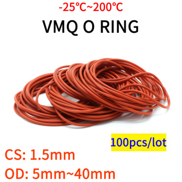 100pcs VMQ O Ring Seal Gasket Thickness CS 1.5mm OD 5 ~ 40mm Silicone Rubber Insulated Waterproof Washer Round Shape Nontoxi Red