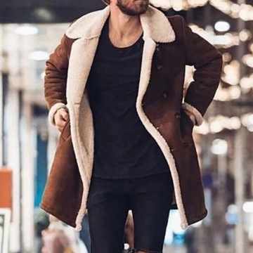 2021 Fashion Men Fur Fleece Blends Brown Color Trench Coat Overcoat Lapel Warm Fluffy Jacket Outerwear Male Boy Warm Jacket