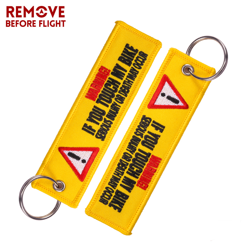 3PCS Remove Before Flight Warning Keychain Tag Keychains for Motorcycles and Cars Key Tag Embroidery Yelloew Danger Key Rings