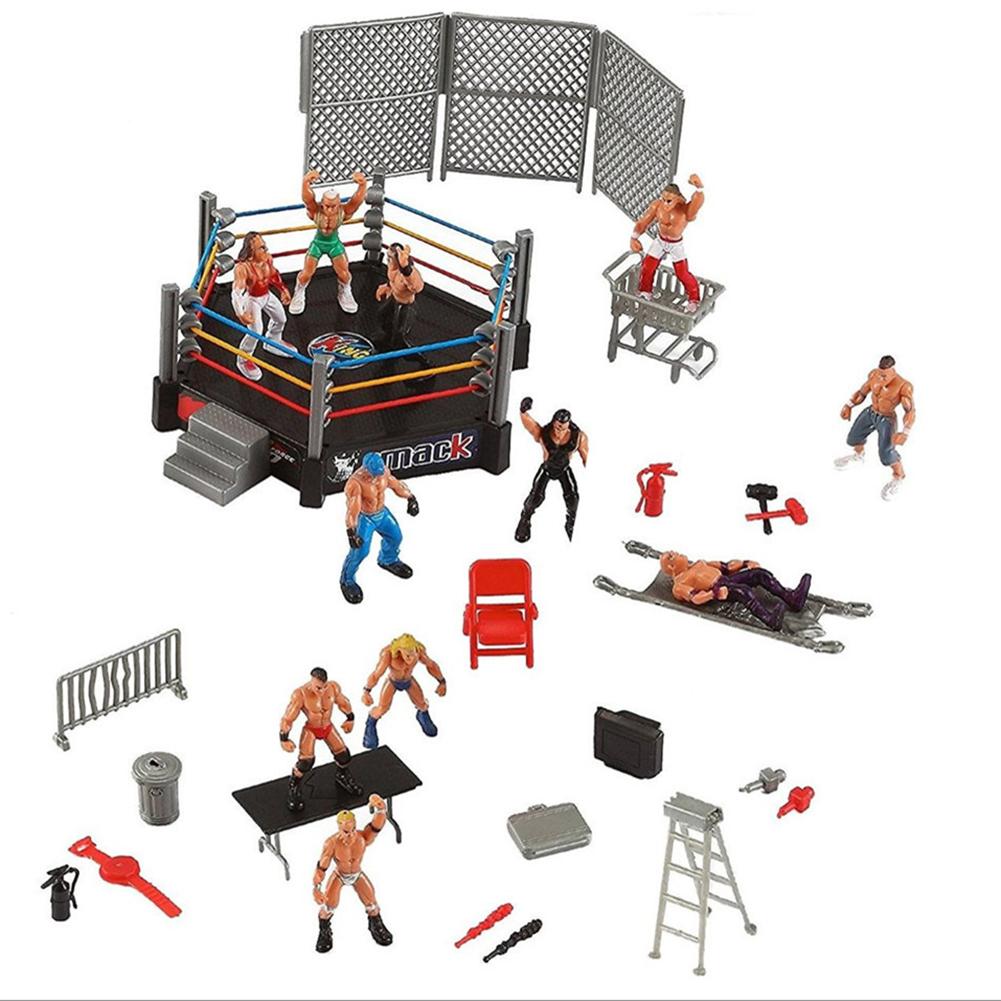 Children Wrestling Club Wrestler Athlete Gladiator Model Doll Warriors Toy Set with Fighting Station and Cage Arena Ring Kid Toy