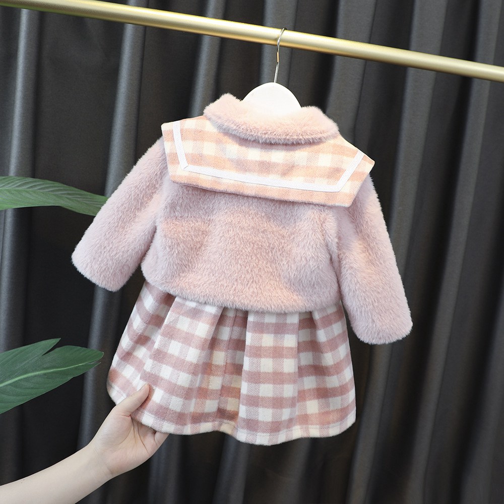 Girls Children Kid Baby Woolen Plaided Coat Outwear Jacket+Tank Dress 2PCS Suits Sweet Warm Winter Princess Clothes Set