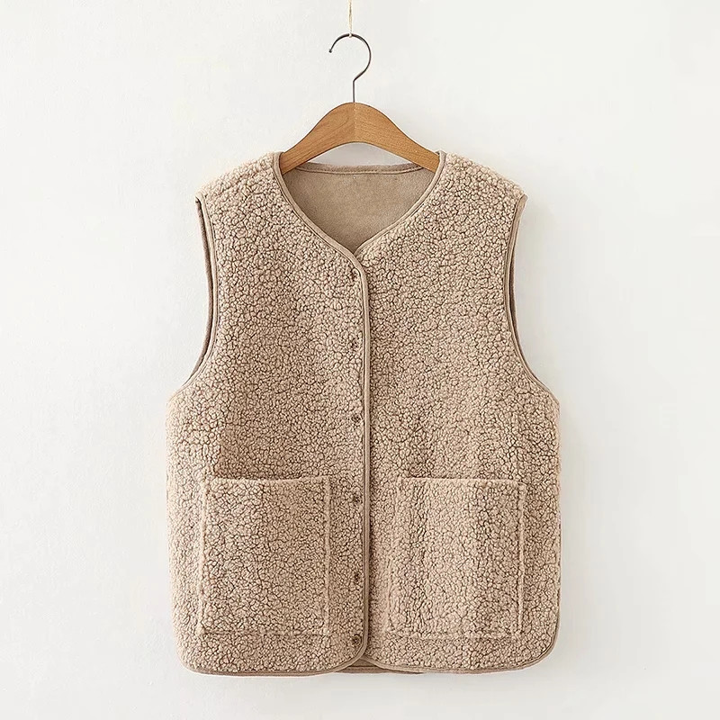 Lamb Plush Waistcoat Womens Winter News Keep Warm Vest Korean Version Of The Fur Loose Female Clothes Outwear Two Pockets