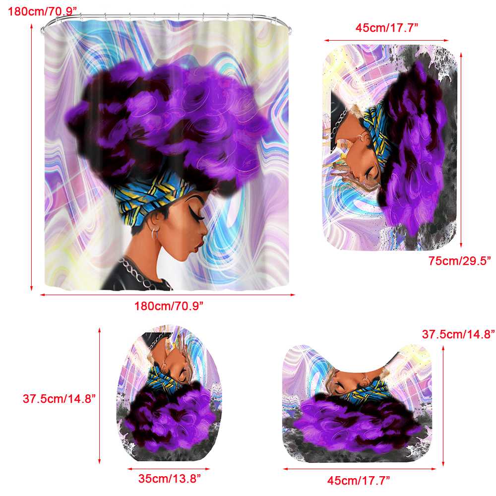 4pcs African American Women Printing Bathroom Sets Waterproof Shower Curtain Anti-Slip Toilet Polyester Cover Mat Bathroom Rug