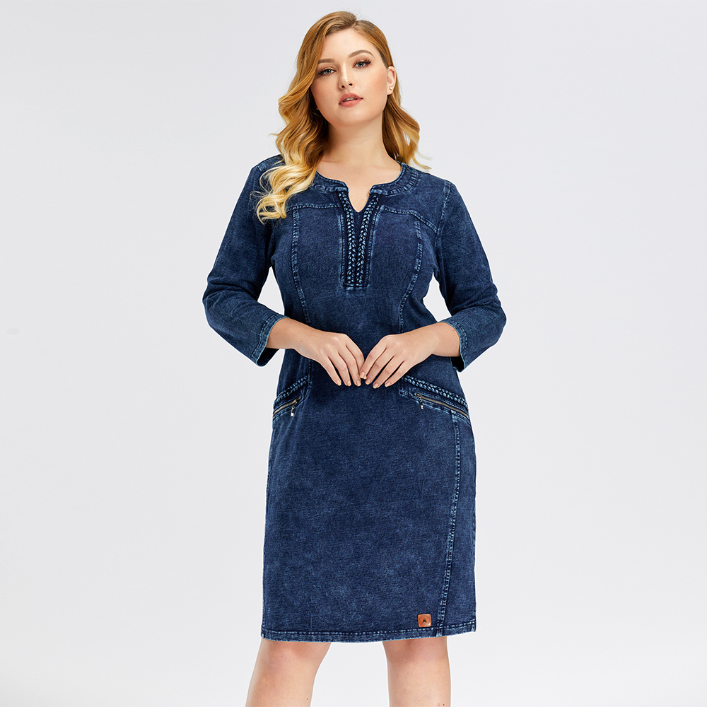 LIH HUA Women's Plus Size Denim Dress Elasticity Knitted Denim Dresses Slim Fit Casual Dress Shoulder Pads Midi Dress