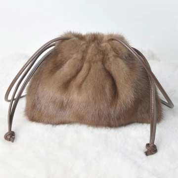 2020 New Mink Fur Bag Solid Lady Single-Shoulder Bag High-End Real Fur Cowhide Bags Women Wrist Bag Fashion Drawstrings Backpack