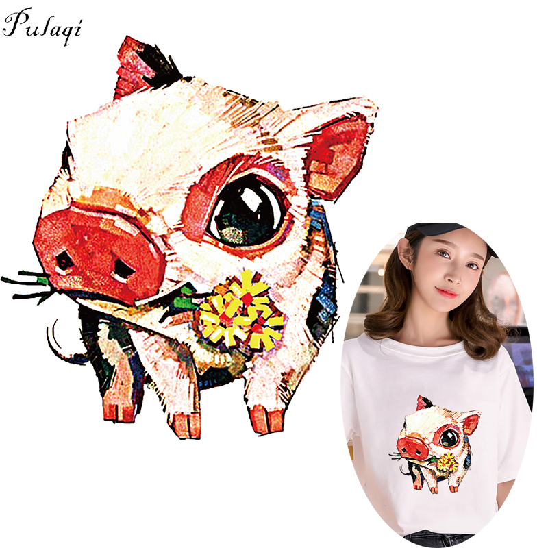 Pulaqi Cartoon Rich Pig Raccoon Iron On Transfers DIY Cute Patches Heat Thermal Transfer Washable For Kids Clothes Accessories F