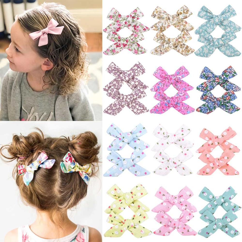 New 2pcs/set Lovely Baby Girls Print Flower Boutiq Kids Bowknots BB Hair Clips Bows Girls Hairpin Barrette Hair Accessories