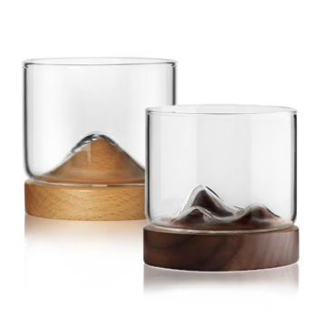 Transparent Mountain Whiskey Glass with Wooden Base Creative Heat Resistant Beer Glass Wine Water Tea Cup Set Bar Drinkware