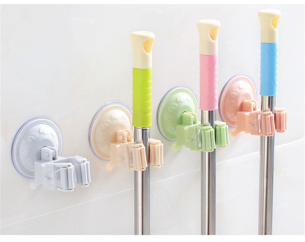 Kitchen Bathroom Mop Broom Holder Rack with Suctions Cup Wall Mounted Mop Home Storage Rack