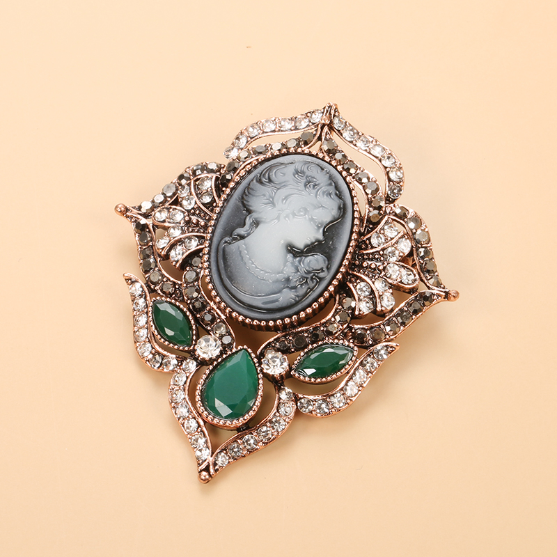 Kinel Hot Black Stone Brooch Pin for Women Relief Head Rhinestone Retro Broches Brooches Boho Ethnic Jewelry Wholesale