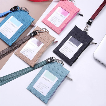 Simple Student Lanyard Card Holder Pu Id Certificate Bus Door Credit Card Bag for Girls Zipper Coin Purses Office Supplies