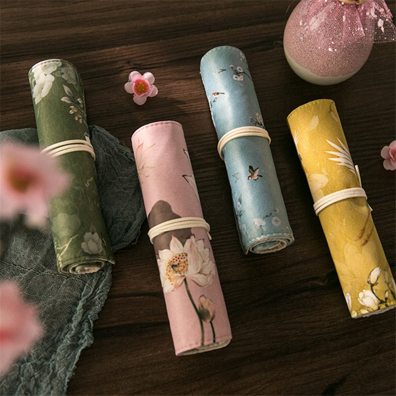 Vintage Flower Pen Pencil Bag Wrap Original Chinese Style Apricot Lotus Crane Storage Roll Pouch for Stationery School A6008