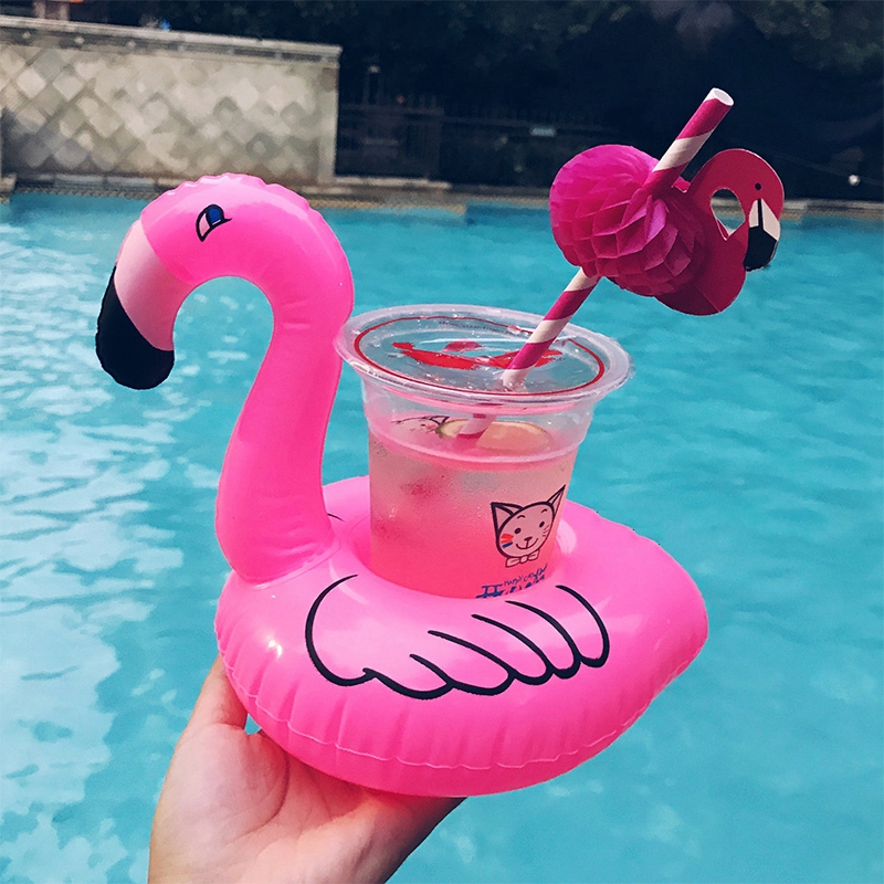 10 Pieces Inflatable Flamingo Swimming Rings Swimming Drink Holder Bath Kids Float Toys Party Supply Pool Accessories Bathing