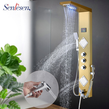 Senlesen Golden Shower Panel Waterfall & Rainfall Shower Head Steel Triple Handles Hot and Cold Water Mixer Taps Para Bathroom