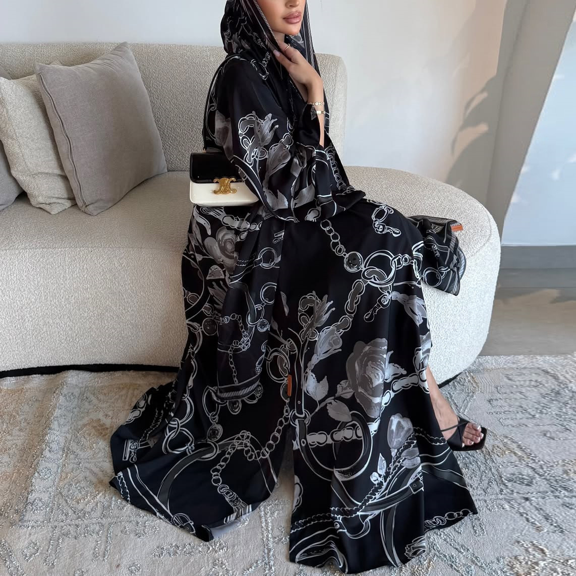 Printed Open Abaya Set With Hijab Detail