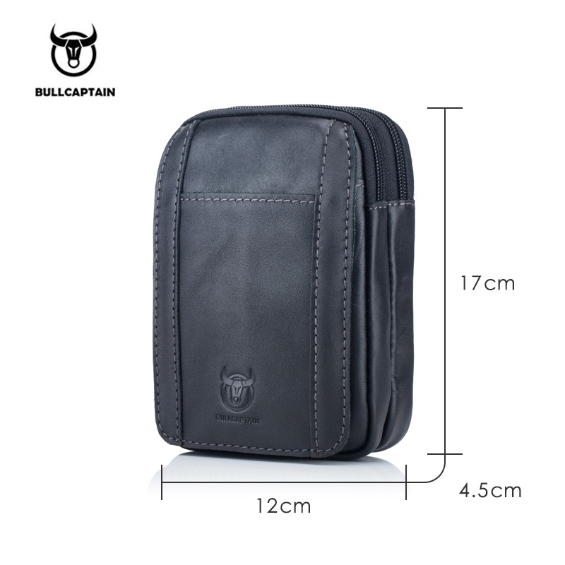 BULLCAPTAIN leather men's casual waist bag cowhide fashion hook waist bag suitable for cigarette case 5.5 inch mobile phone bag