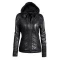 Plus Size Womens Jacket Winter Faux Leather Hooded Jacket Zippered Hoodie Outwear Slim Motorcycle Leather Jacket Coat