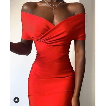 2020 New Summer Women Bodycon Bandage Dress Sexy Off The Shoulder Club Dress Midi Celebrity Party Dress