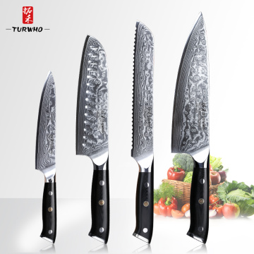 TURWHO High Carbon Steel Kitchen Knives Sets 4PCS Japanese VG10 Damascus Steel Knives Super Sharp Kitchen Cooking Knife Set