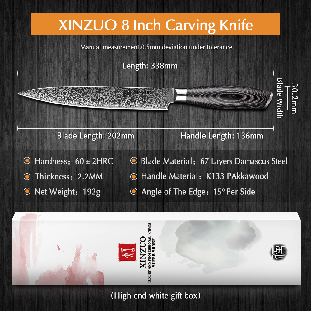 XINZUO 8" Cleaver Knife Chinese Damascus Stainless Steel Kitchen Knife Multi Cooking Tools Meat Sashimi Knives Pakka Wood Handle