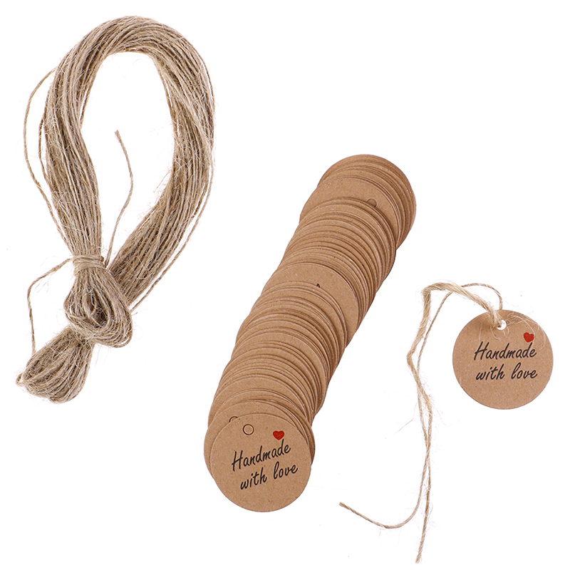 100Pcs Handmade with Love Labels Hang Tags with 20m String Tag Labels Party Favors Gift Blank Kraft Paper