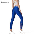 Blesskiss Shiny Neon Sport Leggings For Women Fitness Yoga Pants High Waist Printed Letters LULU Mesh Workout Tights Gym Wear