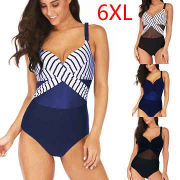 Plus Size 6XL Women One Piece Swimsuit Strip Printed Sport Swimwear Ladies Bathing Suit Monokini Bikini