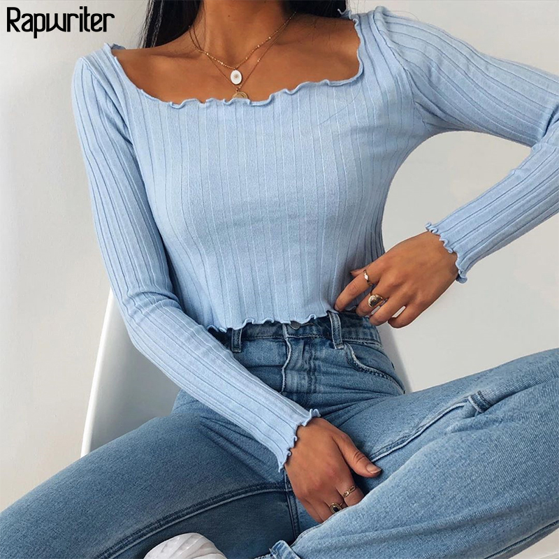 Casual Solid Knitted Ribbed Elastic Basic Cropped T-Shirt Women 2020 Autumn Harajuku Square Collar Long Sleeve T Shirt y2k Top