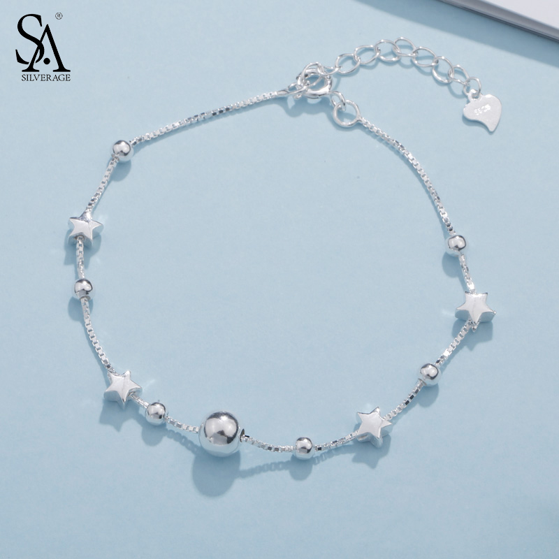 SA SILVERAGE 925 Sterling Silver Charms Bracelets Bangles for Women 925 Silver Star Ball Chain Link Bracelets Pulseira Feminina