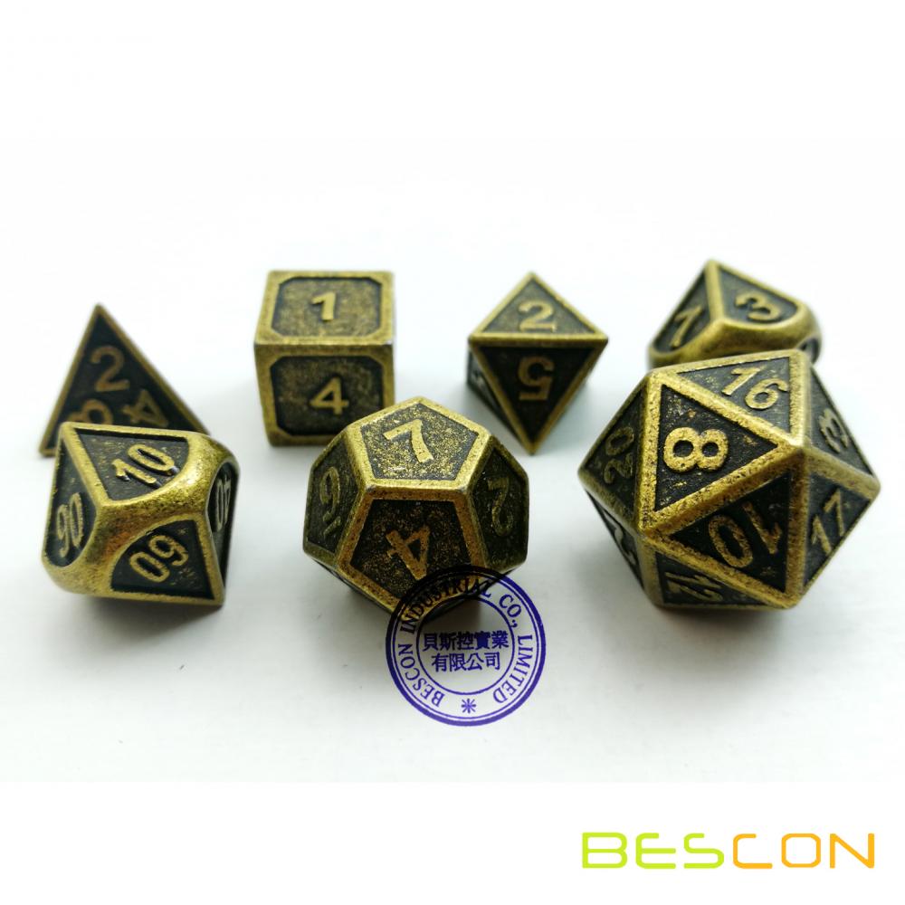 Bescon New Style Ancient Brass Solid Metal Polyhedral D&D Dice Set of 7 Brass Metallic RPG Role Playing Game Dice 7pc Set D4-D20