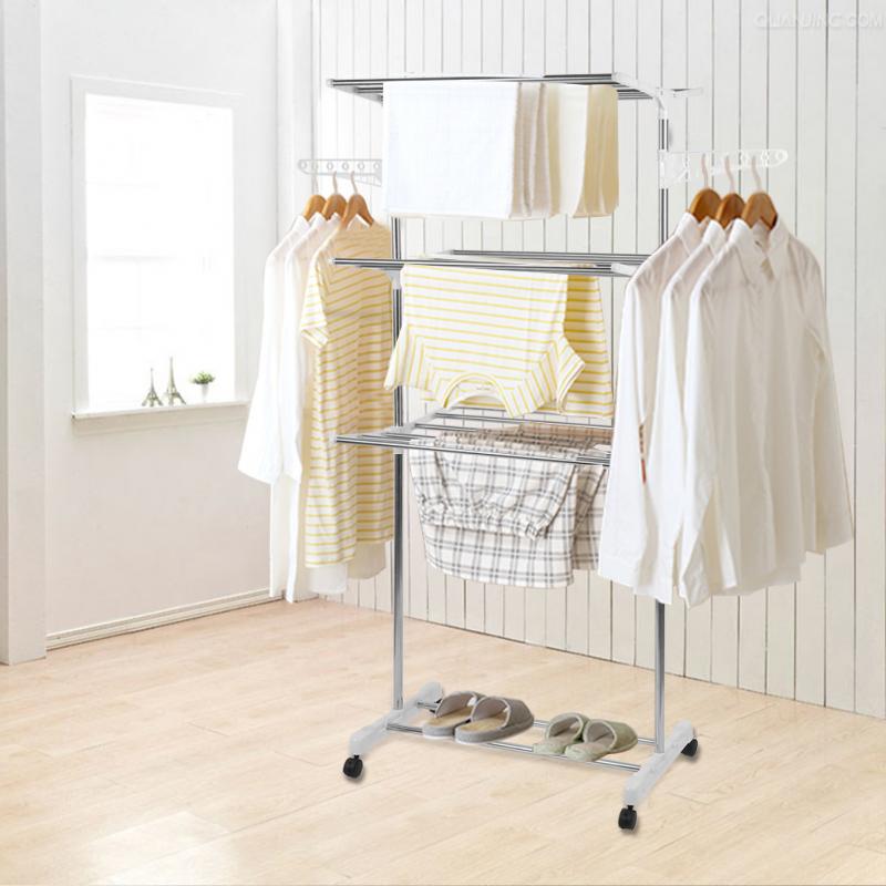 Stainless Steel Three Layer Foldable Hanger Clothes Drying Rack Storage Bathroom Household Shoes Movable Hanger Baby Clothes HWC