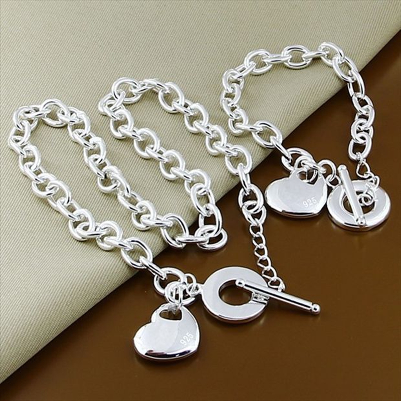 New Arrival 925 Sterling Silver Jewelry Sets Fashion Heart Necklace Bracelet Set OT Free Shipping