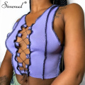 Simenual Hot Sexy Lace Up Ribbed Women Tank Tops Sleeveless Hollow Out Fashion Party Club Crop Top Summer 2020 Patchwork Tanks