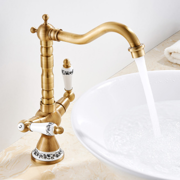 Bathroom Ceramic Double Faucet Basin Mixer High Tap Kitchen Faucet Hot and Cold Water Tap Antique Brass Kitchen Faucets