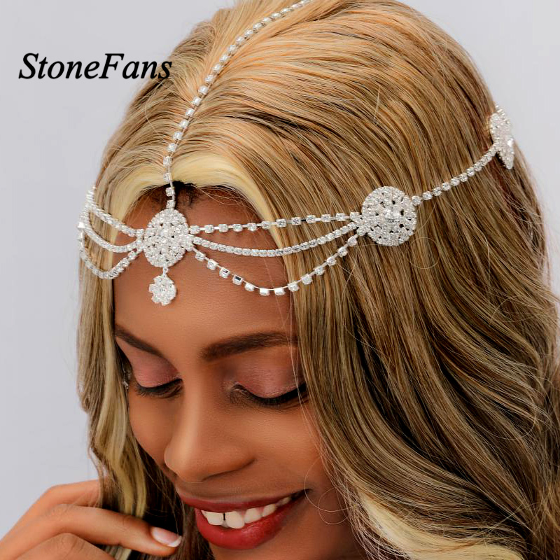 StoneFans Round Bridal Hair Accessories Headpiece Crystal Rhinestone Chain Flapper Cap Wedding Party Forehead Chain Jewelry