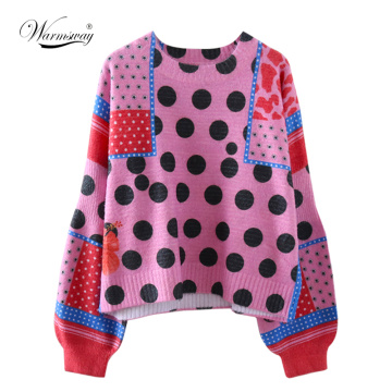 Women Sweater Cute Dots Printing Knit Pullover O-Neck Casual Mohair Fall Winter Loose Warm Lantern Long Sleeve Female C-343-1