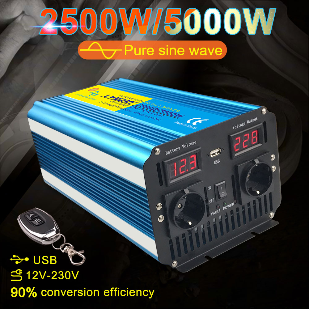 2500W 5000w pure sine wave solar inverter DC12v to AC 220v Voltage transformer converter LED display usb charging dual socket