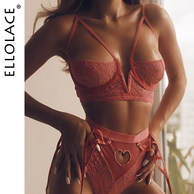 Ellolace Deep-V Lingerie Set Love Women's Underwear Set Lace Sexy Bra Set Push up Bra And Panty Set Sexy Brief Sets Wholesale