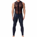 Sexy Mens Undershirts Jumpsuit Mesh PU Leather See Through Bodysuits Wrestling Singlet Gay Leotard Dance Clubwear Pants Swimwear