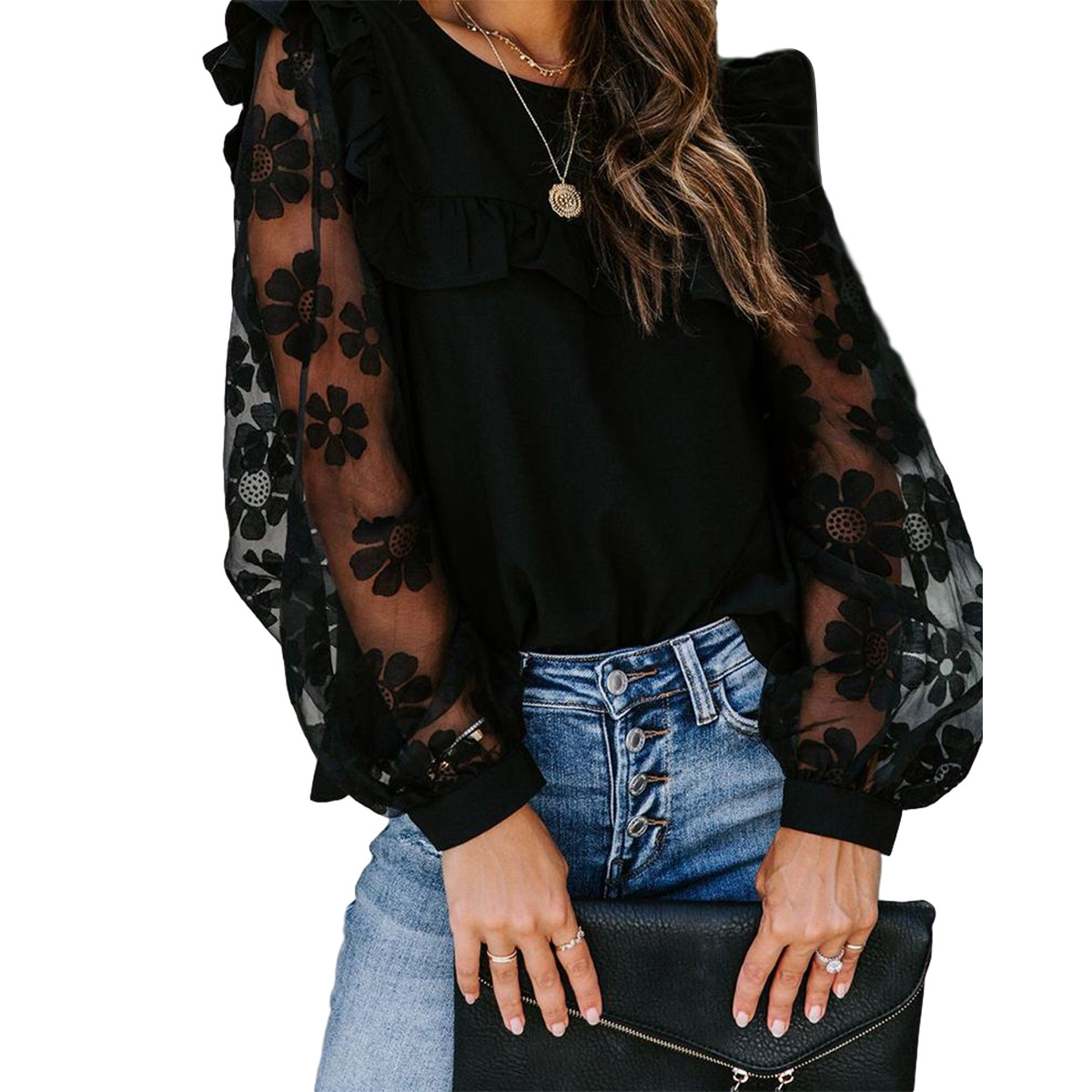 Women Fashion Mesh Patchwork Round Neck Long Sleeve Blouse Black Lace Falbala Transparent Flower Bubble Sleeve Pullover Tops