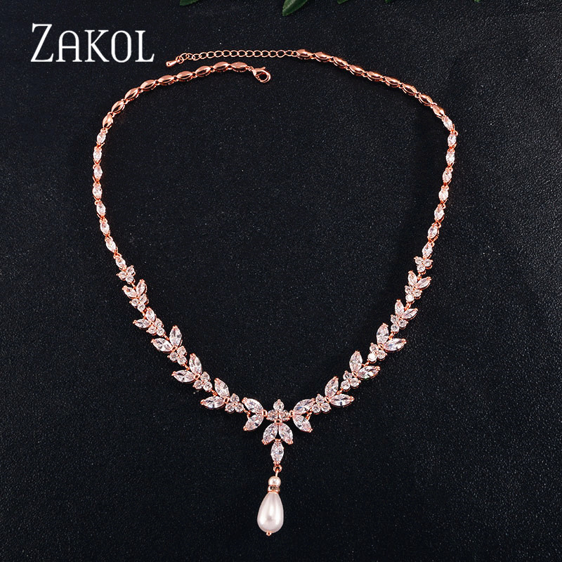 ZAKOL Luxury Exquisite Marquise Cut Cubic Zircon Leaf Adjustable Chain Necklaces For Women Fashion Bridal Wedding Party Jewelry
