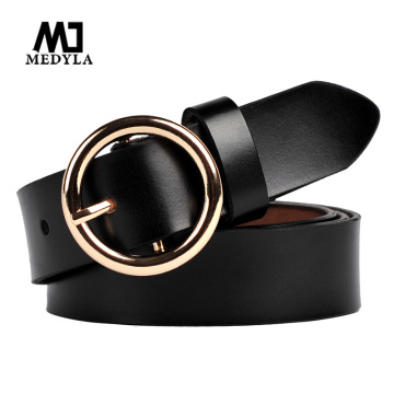 MEDYLA Women's Leather Belt Gold Round Buckle Natural Leather Belts for Women Simple Casual 5 Colors Decorative Waist Belt