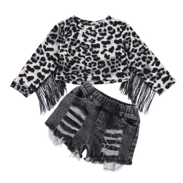 FOCUSNORM Fashion Kids Girls Clothes Sets Leopard Tassel Long Sleeve Pullover T Shirts Tops Denim Shorts